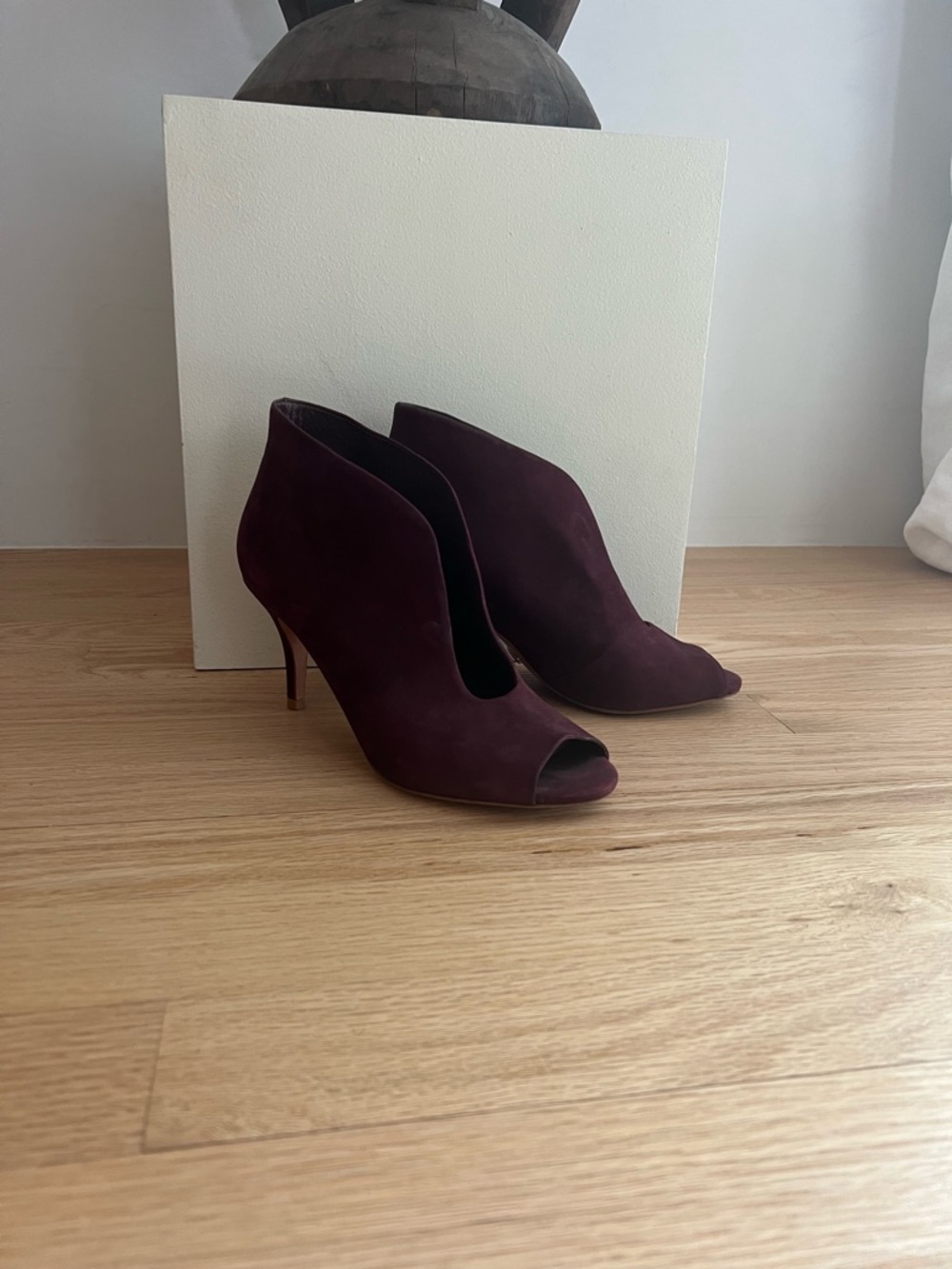 SCHUTZ Peep-Toe Suede Ankle Booties in Deep Burgundy
